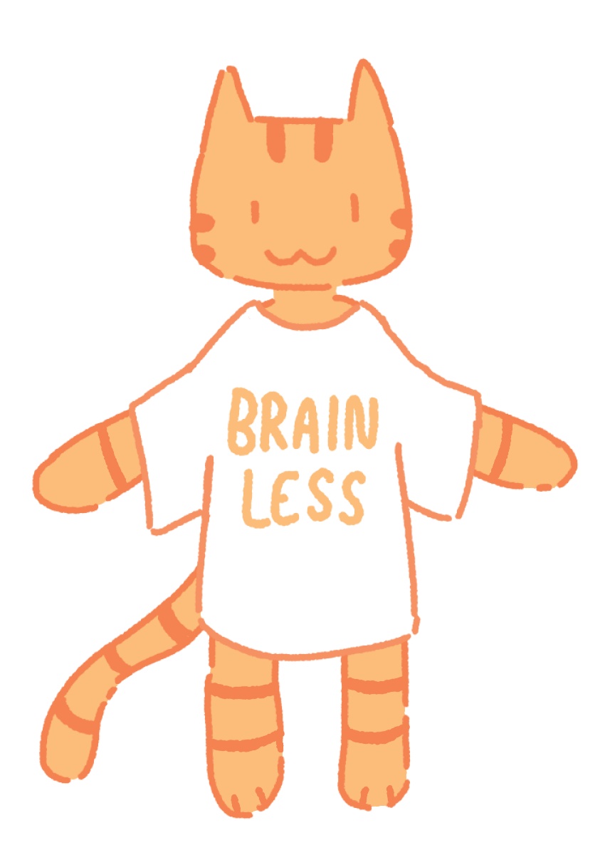 a cartoon orange cat wearing a white t-shirt that reads 'brainless'
